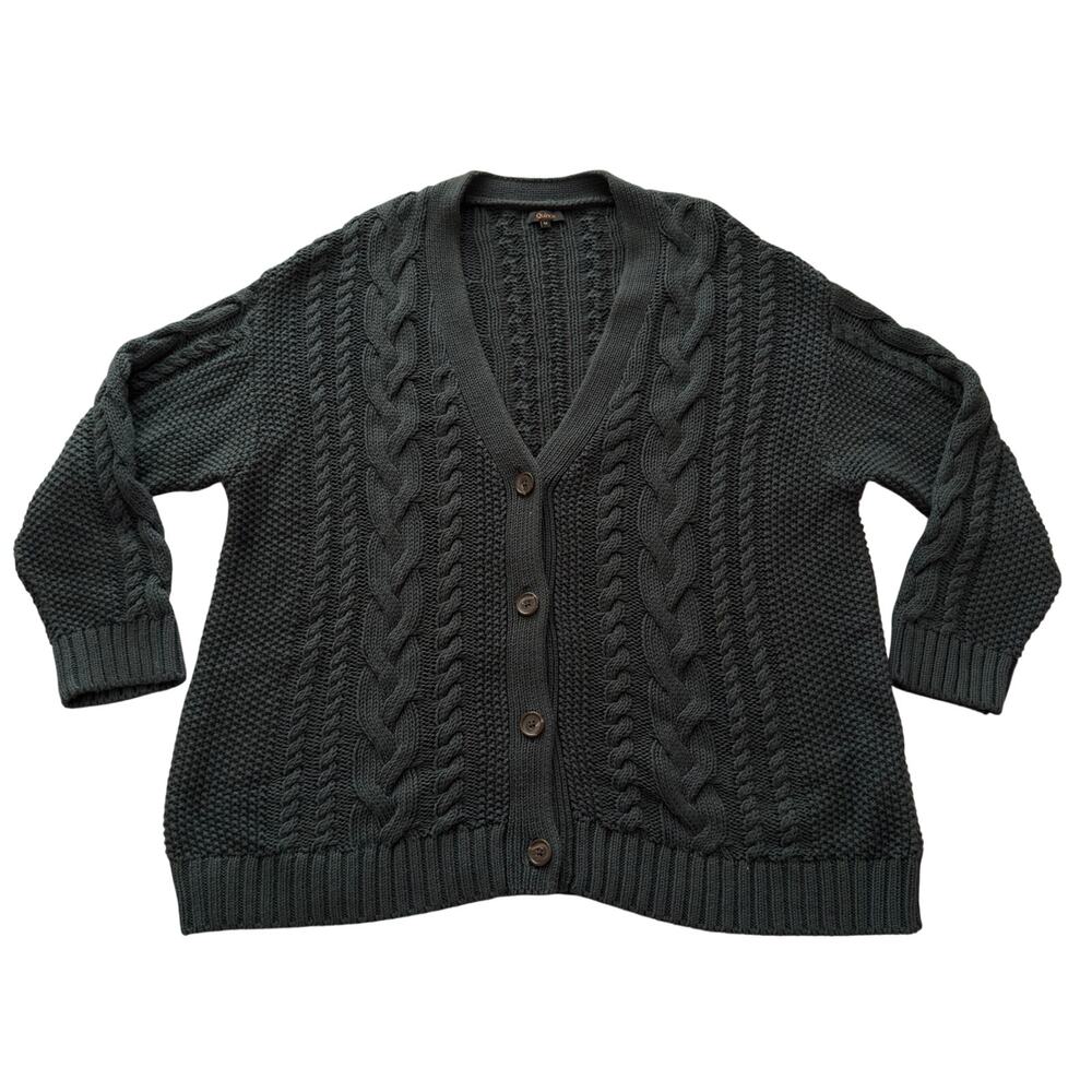 Quince 100% Organic Cotton Cable Knit Cardigan Dark Green Size M